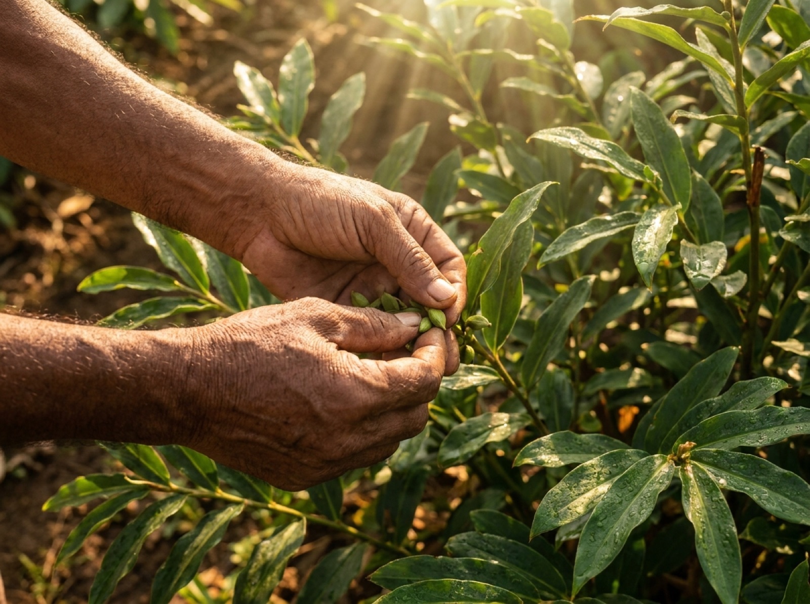 Hands picking cardamom on the estate