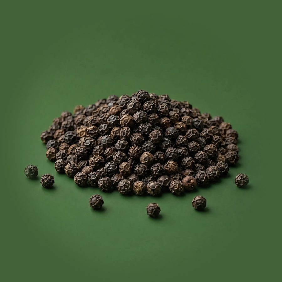 A pile of whole black peppercorns