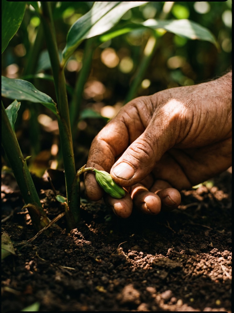 A single cardamom pod being picked by hand