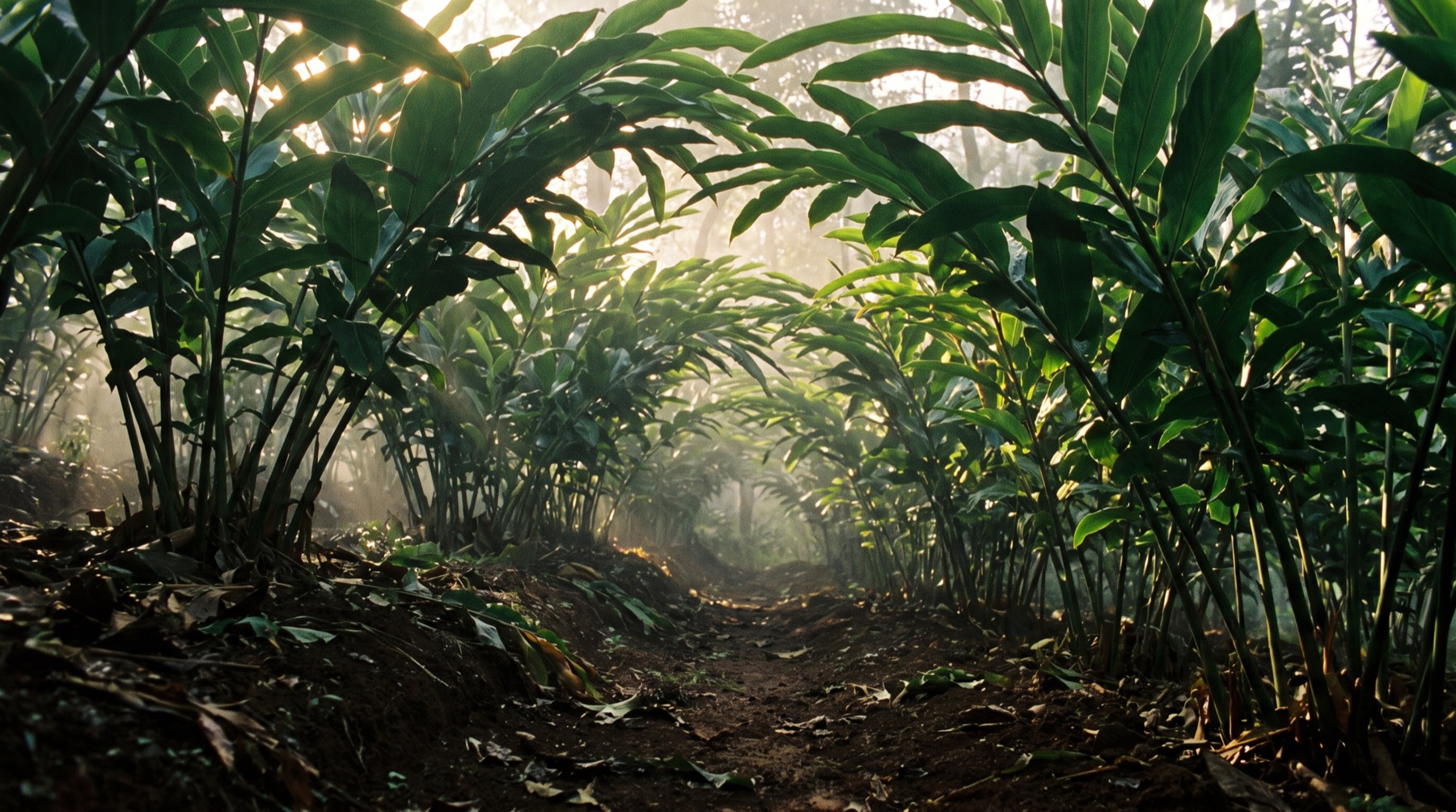 Rows of cardamom plants under the canopy on the Idukki estate